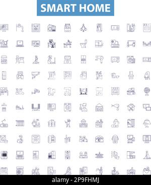 Smart-Home-Liniensymbole, Zeichen eingestellt. Smart, Home, Automatisierung, Automatisiert, Vernetzt, Übersichtsdarstellungen zu IoT, Netzwerk, Sicherheit und Remote-Anwendungen. Stock Vektor