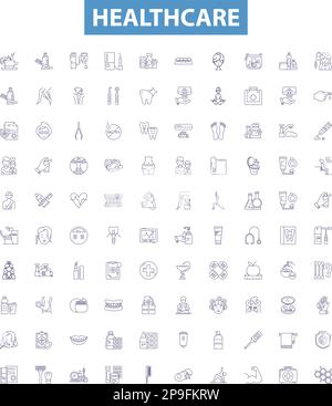 Symbole für Gesundheitslinie, Zeichen gesetzt. Pflege, Gesundheitswesen, Medizin, Behandlung, Wellness, Diagnose, psychische, gesundheitliche, vorbeugende Darstellung von Vektoren. Stock Vektor