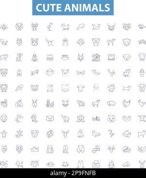 Niedliche Tiersymbole, Zeichen gesetzt. Fell, Kätzchen, Welpen, Flauschig, Hündchen, Kuschelig, Bär, Hase, bezaubernde Konturvektorbilder. Stock Vektor