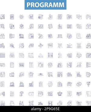 Programmieren von Liniensymbolen, Zeichen eingestellt. Programmieren, Programmieren, Software, Routine, Algorithmus, Vektordarstellungen für Logik, Syntax, Compiler, Code-Modellstruktur. Stock Vektor