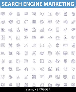 Suchmaschinen-Marketinglinien-Symbole, Zeichen gesetzt. SEM, SEO, Werbung, Analysen, Traffic, PPC, CTR, CPC, Metrik stellen Vektorabbildungen dar. Stock Vektor