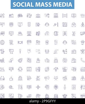 Zeilensymbole für soziale Massenmedien, Zeichen gesetzt. Social, Medien, Masse, Netzwerk, Plattform, Digitale, gemeinsame, vernetzte, ansprechende Vektordarstellungen. Stock Vektor