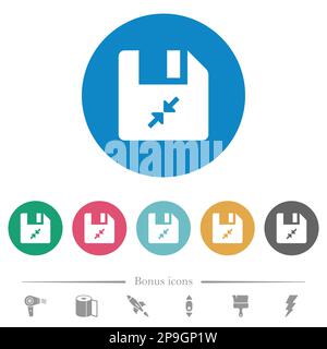 Komprimieren Sie flache weiße Dateisymbole auf rundem farbigen Hintergrund. 6 Bonussymbole enthalten. Stock Vektor