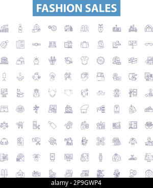 Symbole für Modeverkäufe, Zeichen gesetzt. Kleidung, Schuhe, Bekleidung, Accessoires, Boutique, Vektorabbildungen für Geschäft, Einzelhandel, Bekleidung, Schuhe. Stock Vektor