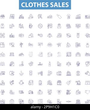 Symbole für Kleiderverkäufe, Schilder. Bekleidung, Verkauf, Mode, Boutique, Bekleidung, Übersichtsdarstellungen zu Bekleidung, Outfit, Einzelhandel, Schuhen. Stock Vektor