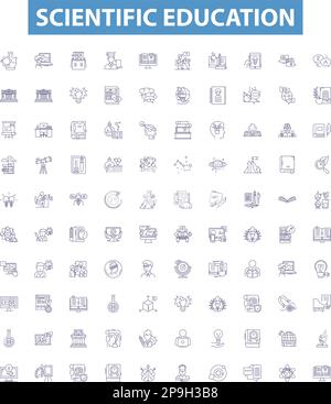 Symbole für wissenschaftliche Ausbildung, Zeichen gesetzt. Wissenschaft, Bildung, Wissen, Lernen, Technologie, Experiment, Methode, Analyse, Studienkonturvektor Stock Vektor