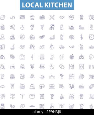 Symbole für lokale Küchenlinien, Schilder. Kochen, Küche, Gerichte, Hausmannskost, Rezepte, Speisen, Speisen, hausgemachte Vektorbilder. Stock Vektor