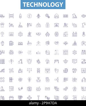 Symbole der Technologielinie, Zeichen gesetzt. Technik, Gadget, Elektronik, Netzwerk, Software, Vektordarstellungen für die Modellstruktur von Programmen, KI, Maschinen und Prozessen. Stock Vektor