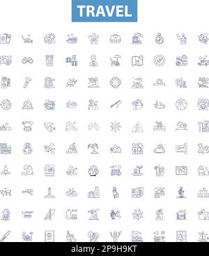 Sammlung von Reisesymbolen. Reise, Tour, Reise, Reise, Erkunden, Urlaub, Fliegenvektor-Zeichnungsset. Abenteuer, Sightseeing, Road Trip Line Stock Vektor