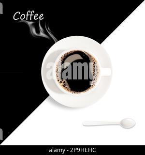 Eine Tasse schwarzen Kaffee mit Schaum auf schwarz-weißem Isolat. Die Aussicht von oben Stockfoto