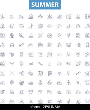 Sommerzeilensymbole, Schilder eingerichtet. Sonne, Hitze, Urlaub, Pool, Strand, Abbildungen von Barbecue, Insekten, Zitrusfrüchten, Eiscreme. Stock Vektor