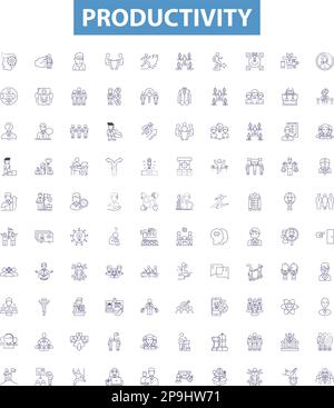 Symbole für Produktivitätslinien, Zeichen gesetzt. Effizienz, Leistung, Qualität, Output, Rentabilität, Optimieren, beschleunigen, optimieren und produktiv gestalten Stock Vektor