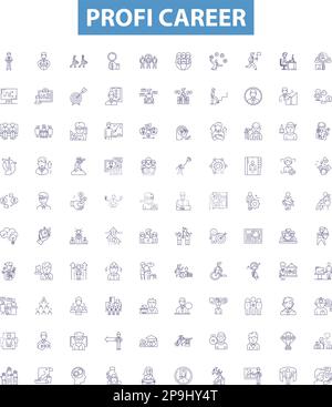 Profi-Karrierelinie-Ikonen, Schilder gesetzt. Professional, Career, Advancement, Success, Growth, Übersichtsvektor für Beförderung, Tätigkeit, Entwicklung, Fertigkeiten Stock Vektor