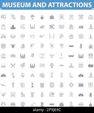 Museum und Attraktionen sind Ikonen, Schilder sind gesetzt. Museum, Sehenswürdigkeiten, Kulturerbe, Kunst, Kultur, Ausstellungen, Galerien, Architektur, Landmarken Stock Vektor