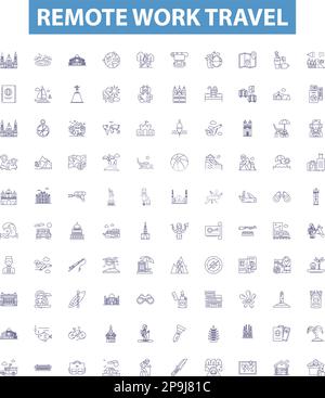Liniensymbole, Schilder für Fernfahrungen. Remote, Arbeit, Reisen, Remote-Work, Remote-Travel, Fernarbeiten, Fernreisen, Telearbeit Stock Vektor