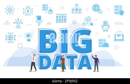 Big-Data-Konzept mit großen Wörtern und Personen, die von einem Symbol mit blauem Vektor umgeben sind Stockfoto