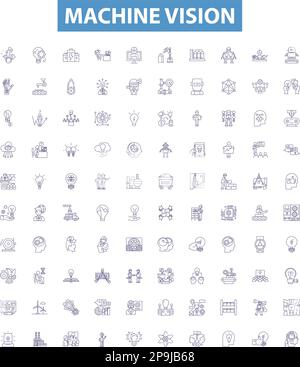 Symbole der Maschinensichtlinie, Schilder gesetzt. Robotik, Automatisierung, Computervision, OCR, KI, Sensoren, Verfolgung, Überwachung, Bildverarbeitung, Umrissvektor Stock Vektor