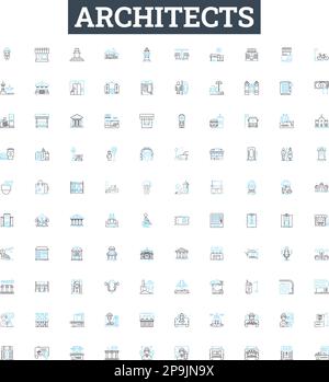 Architekten der Symbole für Vektorlinien. Design, Kreativität, Vision, Blueprint, Struktur, Planung, detailorientierte Darstellung der Symbole für Konzepte und Stock Vektor