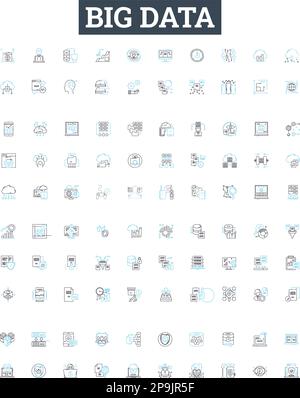 Symbole für Big-Data-Vektorlinien festgelegt. Hadoop, Analysen, Bergbau, Maschinen, Lernen, Lagerung, Darstellung der Infrastruktur umreißt Konzeptsymbole und -Schilder Stock Vektor
