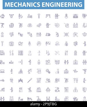Maschinentechnik Liniensymbole, Schilder gesetzt. Mechanik, Konstruktion, Kinematik, Dynamik, Vibrationen, Umriss Kraft, Drehmoment, Maschinen, Automatisierung Stock Vektor