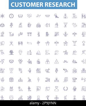Symbole für Kundenrecherche, Zeichen gesetzt. Kunde, Forschung, Umfrage, Einblicke, Feedback, Segmentierung, Analyse, Verhalten, demografischer Umrissvektor Stock Vektor