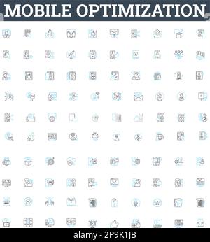 Symbole für mobile Optimierungsvektorlinien festgelegt. Mobil, Optimierung, Reaktionsschnelligkeit, Design, Webseite, App, Benutzerabbildung umreißen Konzeptsymbole und Stock Vektor