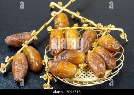 Nahaufnahme der algerischen königlichen Datteln auf einer Holzplatte auf schwarzem Hintergrund. Ramadan-Konzept. Stockfoto