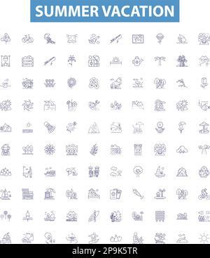 Symbole für Sommerferien, Schilder sind gesetzt. Urlaub, Urlaub, Sonne, Strand, Spaß, Übersichtsdarstellungen zu Wärme, Grillen, Reisen, Abenteuer. Stock Vektor