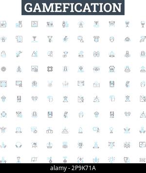 Symbole für Gamefication Vector line (Gamefiktionsvektorlinie) festgelegt Gamification, Spiel, Gaming, Belohnung, Motivieren, Punkte, Zieldarstellung umreißen Konzeptsymbole und -Zeichen Stock Vektor