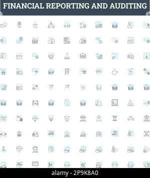 Symbole für Vektorlinien für Finanzberichte und Auditing festgelegt. Auditing, Finanzen, Reporting, Financial, Statements, Datensätze, Darstellung der Analyse Stock Vektor