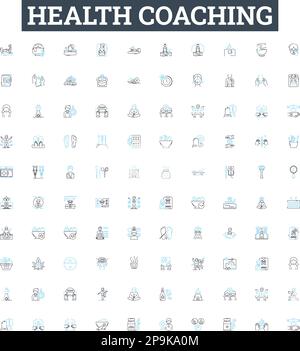 Vektorlinien-Symbole für Health Coaching festgelegt. Wellness, Ernährung, Coaching, Bewegung, Gesund, Gewohnheiten, Diät-Illustration umreißen Konzeptsymbole und -Zeichen Stock Vektor