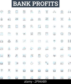 Liniensymbole für Bankgewinne festgelegt. Bank, Gewinne, Gewinn, Rendite, Rendite, Dividende, Zinsdarstellung umreißt Konzeptsymbole und -Zeichen Stock Vektor