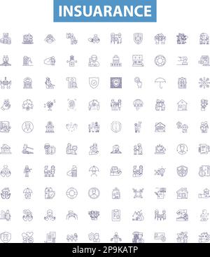 Symbole für Versicherungslinie, Zeichen gesetzt. Versicherung, Deckung, Policen, Risiko, Schutz, Übersichtsvektor für Prämien, Leistungen, Kostenerstattungsanträge und Kostenerstattungen Stock Vektor