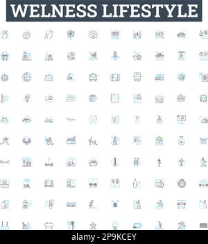 Symbole für Wellness Lifestyle-Vektorlinien eingestellt. Wellness, Lifestyle, Gesundheit, Fitness, Ernährung, Ernährung, Übungsdarstellung umrissene Konzeptsymbole und Stock Vektor