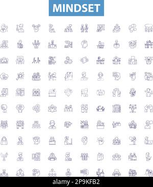 Liniensymbole für die Einstellung, Zeichen gesetzt. Einstellung, Ausblick, Perspektive, Psyche, Disposition, Weltanschauung, Denken, Tenor, mentale Konturendarstellungen. Stock Vektor