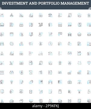 Symbolsatz für Vektorlinien für Investitions- und Portfoliomanagement. Investitionen, Portfolio, Management, Vermögenswerte, Eigenkapital, Festverzinsliche Wertpapiere, alternative Darstellung Stock Vektor