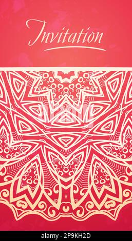 Mandala mit halbrunder Spitze auf rotem Hintergrund, Elegance-Vorlage für Einladung oder Visitenkarte, Begrüßung oder Cover Stock Vektor