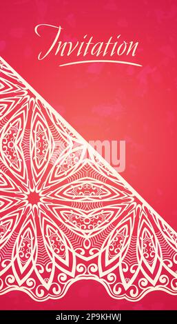 Mandala mit halbrunder Spitze auf rotem Hintergrund, Elegance-Vorlage für Einladung oder Visitenkarte, Begrüßung oder Cover Stock Vektor