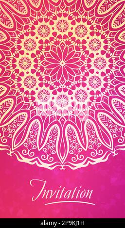 Mandala mit halbrunder Spitze auf rotem Hintergrund, Elegance-Vorlage für Einladung oder Visitenkarte, Begrüßung oder Cover Stock Vektor