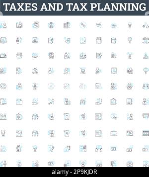 Symbole für Vektorlinien für Steuern und Steuerplanung festgelegt. Steuern, Steuern, Steuerplanung, Planung, Steuererklärung, Selbstbehalt, Abrechnungsmodell Stock Vektor