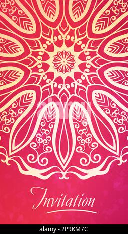 Mandala mit halbrunder Spitze auf rotem Hintergrund, Elegance-Vorlage für Einladung oder Visitenkarte, Begrüßung oder Cover Stock Vektor