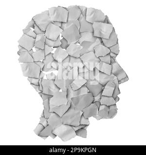 Menschlicher Geist abstrakt aus zerrissenem Papier als Bewusstsein und Emotionen Symbol für psychische Gesundheit und Erziehung Ausbildung oder Psychologie. Stockfoto