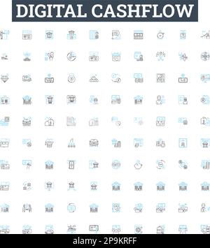 Symbole für digitale Cashflow-Vektorlinien festgelegt. Digital, Cashflow, Banking, Zahlungen, Fonds, Transaktionen, Gelddarstellung umreißen Konzeptsymbole und Stock Vektor