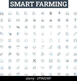 Symbole für Vektorlinien für intelligente Landwirtschaft festgelegt. Präzision, Landwirtschaft, Technologie, Automatisierung, IoT, Fernbedienung, Abbildung der Überwachungsfunktionen, umrissene Symbole und Stock Vektor