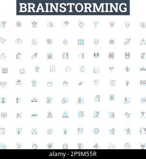 Symbolsatz für Brainstorming-Vektorlinien. Ideenfindung, Brainstorming, Nachdenken, Denken, Nachdenken, Planen, Analysieren des Entwurfs der Illustration Stock Vektor