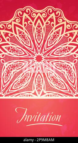 Mandala mit halbrunder Spitze auf rotem Hintergrund, Elegance-Vorlage für Einladung oder Visitenkarte, Begrüßung oder Cover Stock Vektor