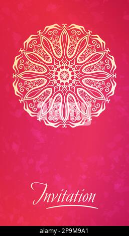 Mandala mit rundem Spitzenverzierung auf rotem Hintergrund, Elegance-Vorlage für Einladung oder Visitenkarte, Begrüßung oder Cover Stock Vektor