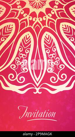 Mandala mit halbrunder Spitze auf rotem Hintergrund, Elegance-Vorlage für Einladung oder Visitenkarte, Begrüßung oder Cover Stock Vektor
