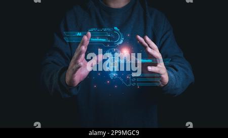 Menschen nutzen KI, um die Geschwindigkeit und Genauigkeit ihrer Arbeit zu erhöhen. KI-Systeme können Menschen dabei unterstützen, schneller und besser zu arbeiten. Stockfoto