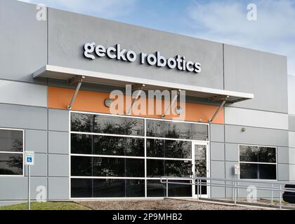 Houston, Texas, USA 02-25-2023: Gecko Robotics Building Storefront Exterieur in Houston, TX. Technologieinfrastrukturgeschäft. Stockfoto